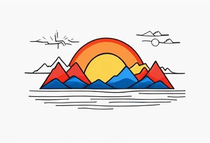 a simple red, blue, orange, and yellow sun w/ mountains tattoo idea