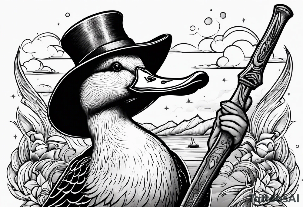Mallard Duck with a wand and a wizard hat tattoo idea