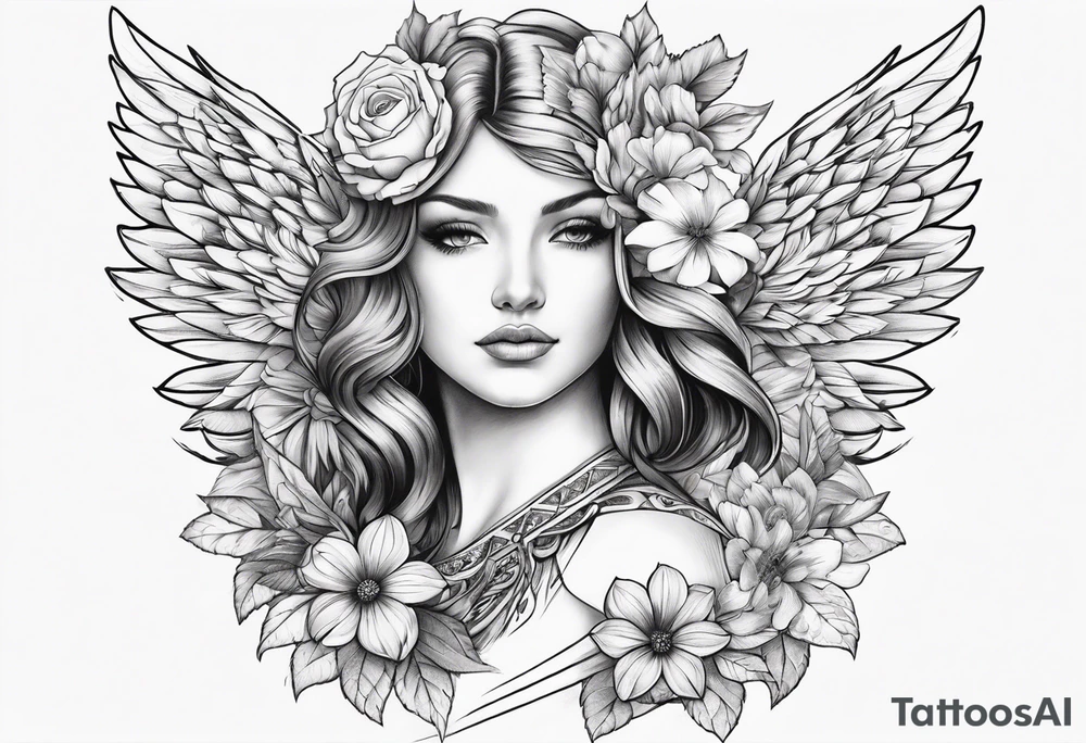 wing angel, flower, , tattoo idea