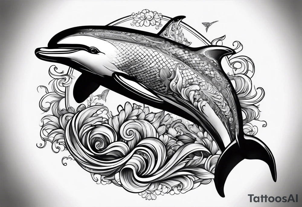 delfin emanando de una ola del mar tattoo idea