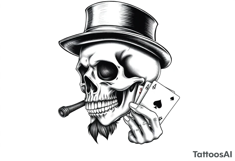 a skull with mustache,top-hat, cigar in his mouth and playing cards in a hand. tattoo idea
