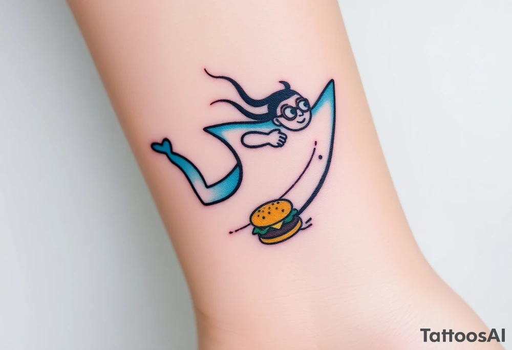 Scooba diver, diving with manta ray belly to belly, with burger on his hand tattoo idea