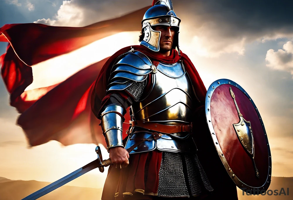 a high ranking roman soldier from AD 60, wearing armour which must include an armoured belt, breastplate, armoured shoes, shield, helmet and sword.
the soldier must look strong. the soldier is faceless. The image must include the full person, not just the top half. The soldier is mid-battle, fending off flaming arrows with his shield tattoo idea