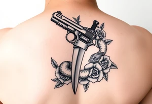 Handgun crossed with knife with snake wrapped around it with roses tattoo idea