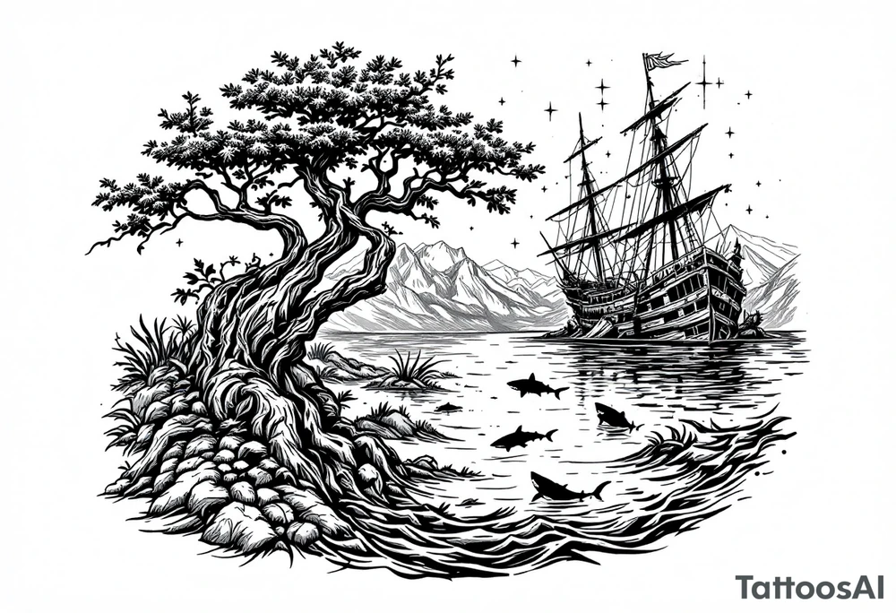tattoo that has an acacia tree with mountains, ocean with a ship wreck with sharks and the northern star tattoo idea