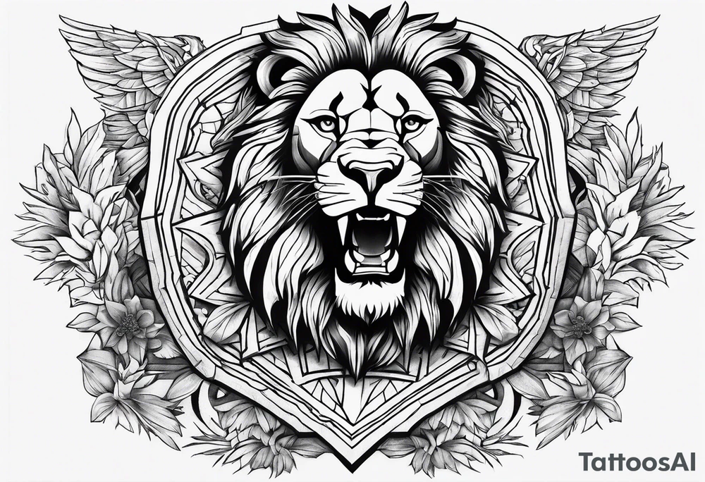 Chest piece with a lion standing over a crowd of angles tattoo idea