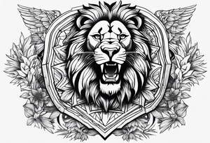 Chest piece with a lion standing over a crowd of angles tattoo idea