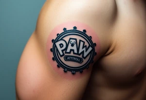 Paw Patrol Badge with footprints chasing letters KMC around the outside staggered tattoo idea