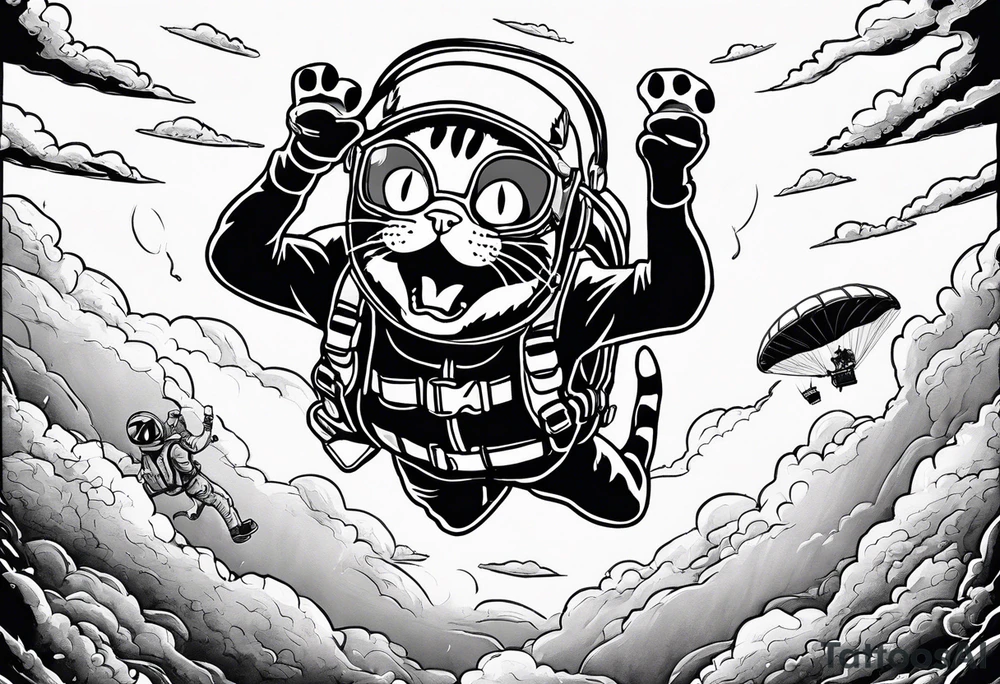 cat going skydiving with parachute in the rick and morty style tattoo idea