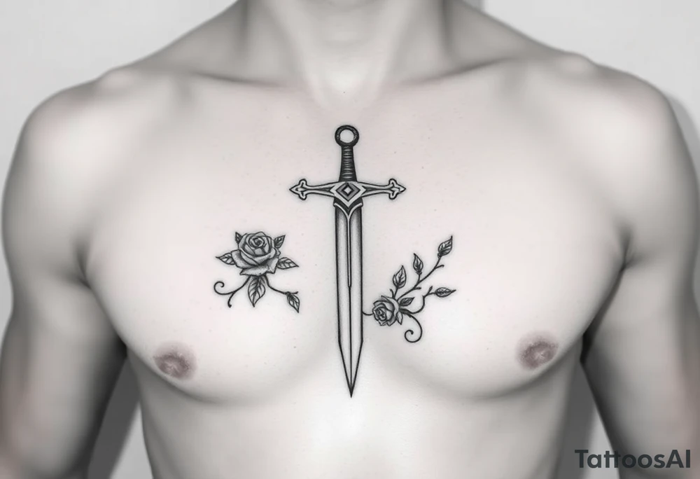 A gothic cross with a sword tip on the bottom going through an infinity sign and has roses and vines growing around tattoo idea