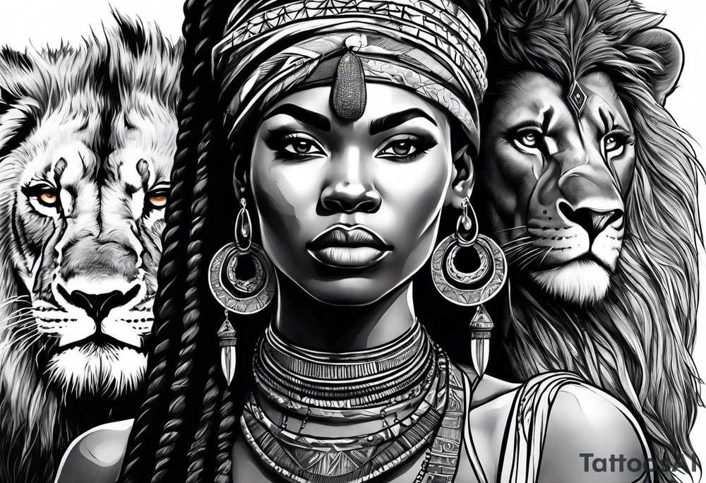 African woman warrior holding spear with deadlocks and earrings. With lion in the background tattoo idea