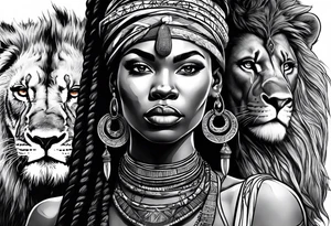 African woman warrior holding spear with deadlocks and earrings. With lion in the background tattoo idea