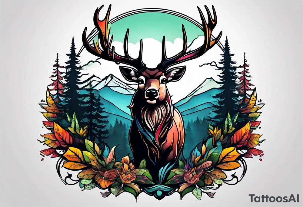 deer head mountain forest tattoo idea