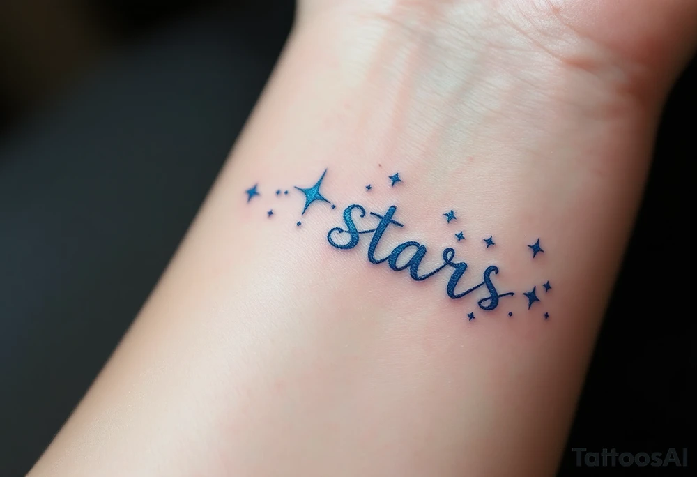 A quote in icy blue ink crosses the wrist with a constellation pattern forming the final word: Stars. tattoo idea