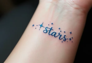 A quote in icy blue ink crosses the wrist with a constellation pattern forming the final word: Stars. tattoo idea