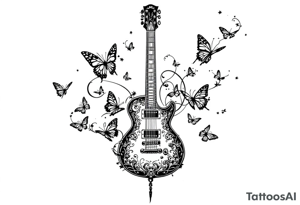 An electric guitar plugged into an amp with 5 butterflies flying around tattoo idea