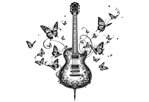 An electric guitar plugged into an amp with 5 butterflies flying around tattoo idea