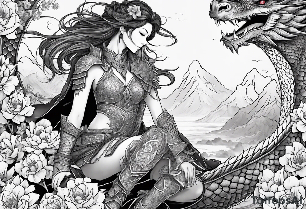 beautiful warrior woman wearing dragon armor and a floral background and a dragon tattoo idea