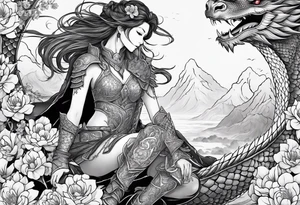 beautiful warrior woman wearing dragon armor and a floral background and a dragon tattoo idea