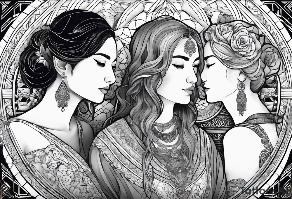 three person side by side. Daughter on the left, mother in the middle, really old grandmother on the right. greater age difference tattoo idea
