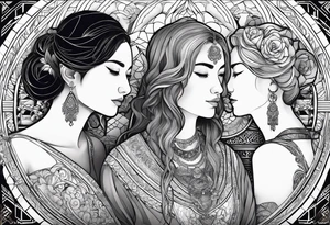 three person side by side. Daughter on the left, mother in the middle, really old grandmother on the right. greater age difference tattoo idea