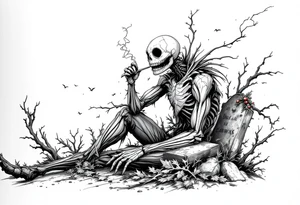 jack skellington smoking, sitting on tombstone, christmas decorations, thunder tattoo idea