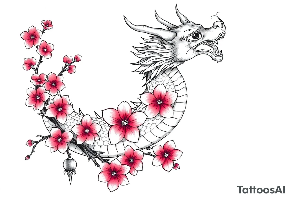 Feminine dragon w cherry blossoms tattoo idea
