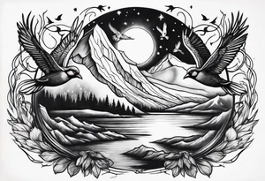 Northern lights with Pennywise and birds tattoo idea