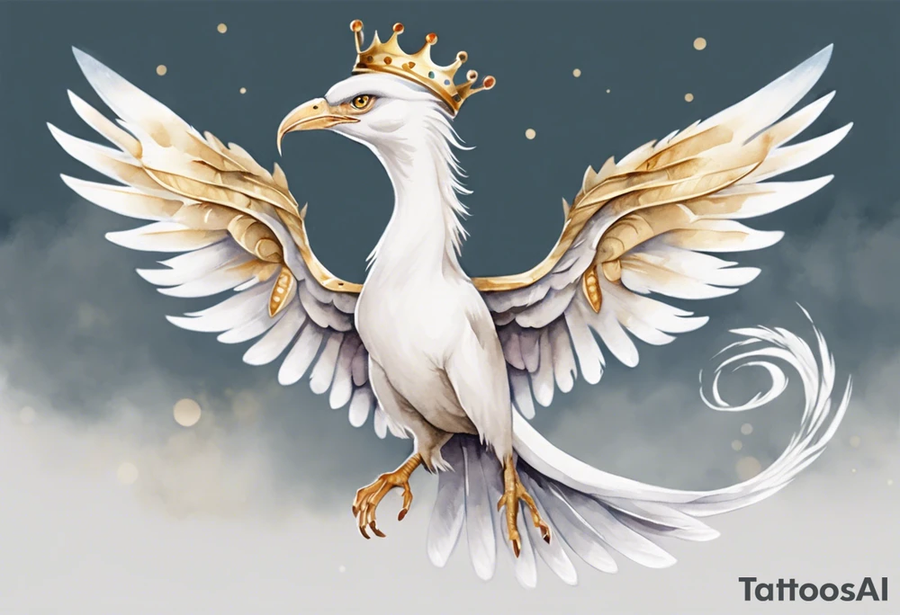 a watercolor of a white bird-serpent hybrid wearing a plain crown, with light gold wing feathers, flying in the sky tattoo idea