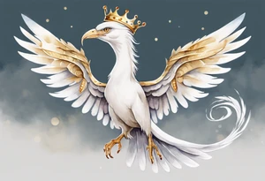 a watercolor of a white bird-serpent hybrid wearing a plain crown, with light gold wing feathers, flying in the sky tattoo idea