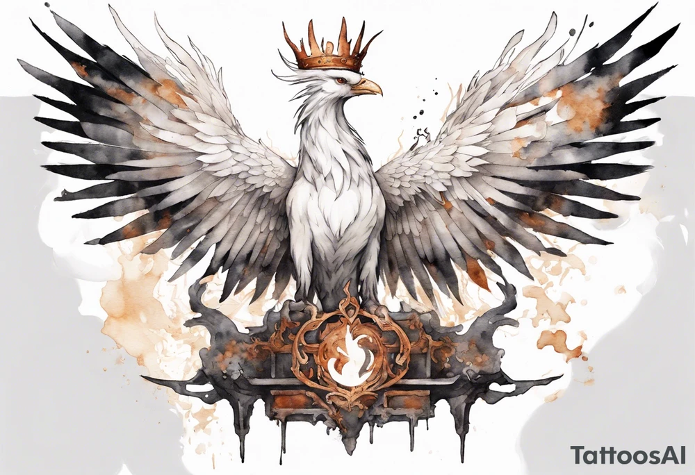 a white phoenix wearing rusted iron crown, perched on a throne tattoo idea a white phoenix wearing rusted iron crown, perched on a throne tattoo idea