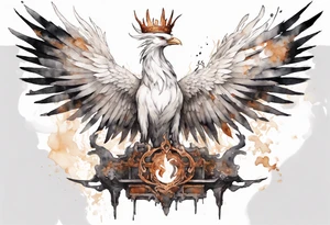 a white phoenix wearing rusted iron crown, perched on a throne tattoo idea