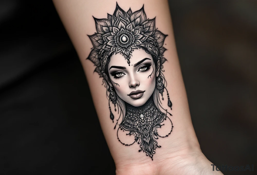 beautiful woman dmt deity with mandala fully behind head tattoo idea