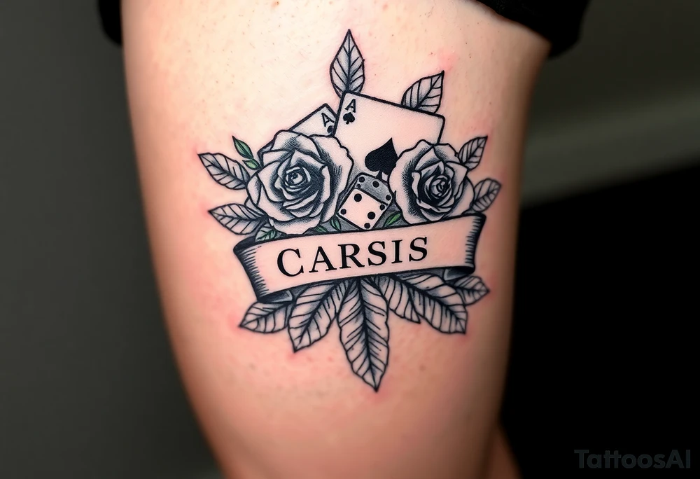 Cards roses banner dice leaves tattoo idea