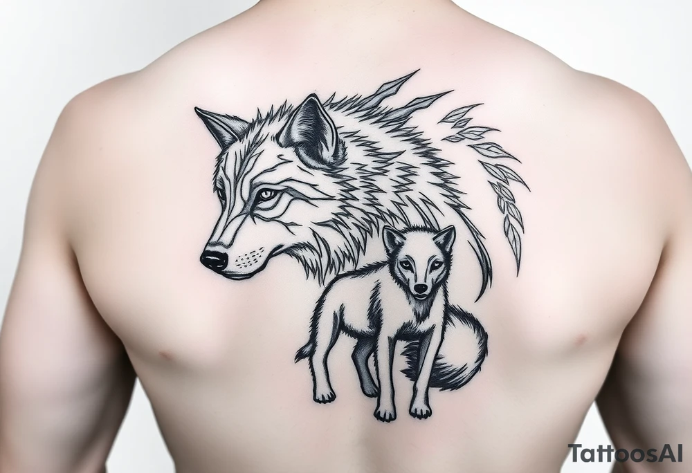 A solitary yet sublime and noble wolf and its progeny. tattoo idea