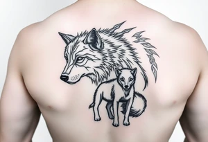 A solitary yet sublime and noble wolf and its progeny. tattoo idea