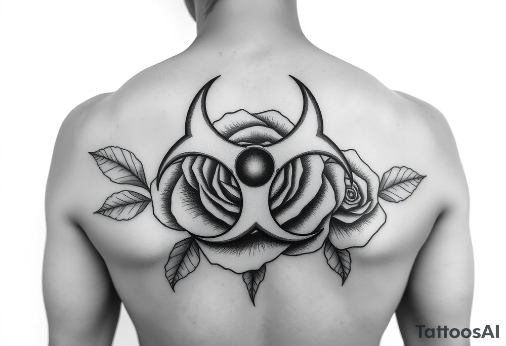 biohazard symbol on top of the old school style rose . tattoo idea