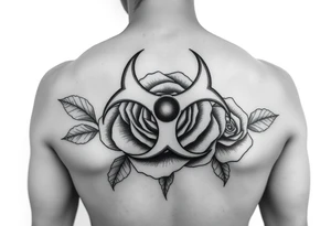 biohazard symbol on top of the old school style rose . tattoo idea