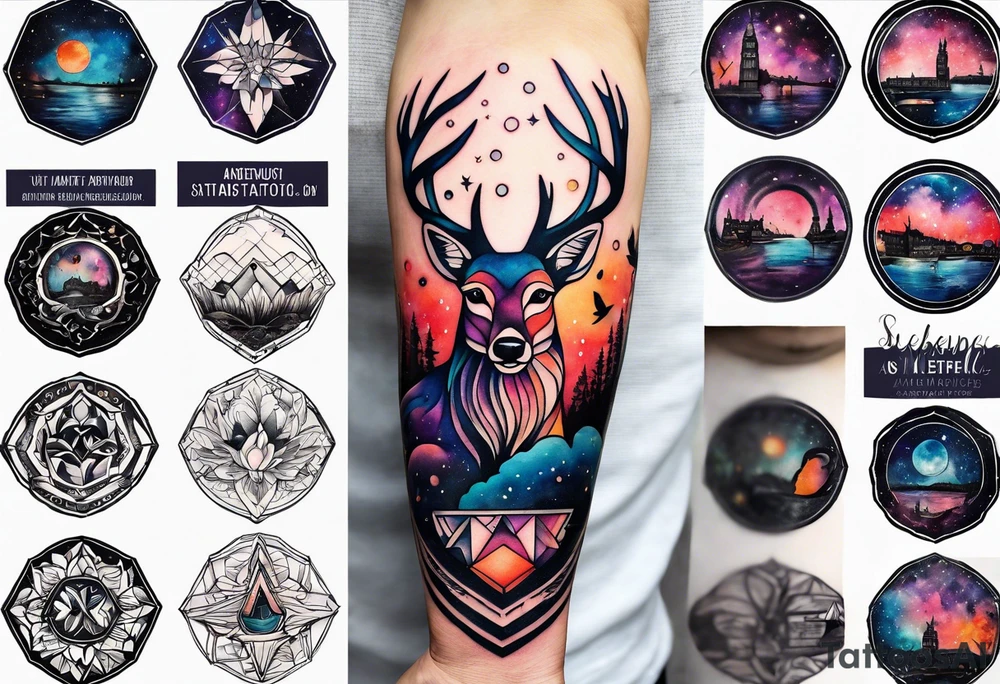 Arm tattoo featuring stag, fox and birds in canal in Amsterdam in space featuring galaxy colours and watercolour tattoo idea