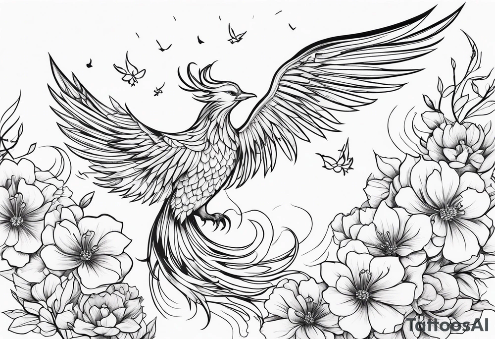 A phoenix surrounded by blooming flowers tattoo idea