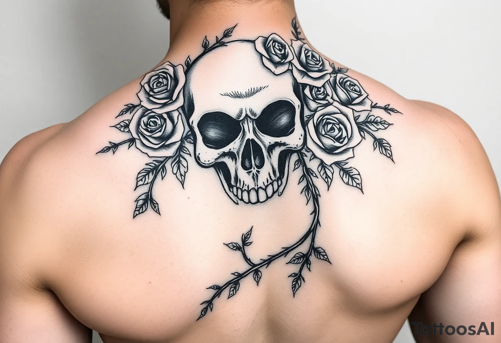 gothic skull intertwined with climbing roses and thorny vines tattoo idea