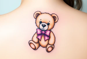 realistic tan teddy bear with a pink bow around its neck tattoo idea