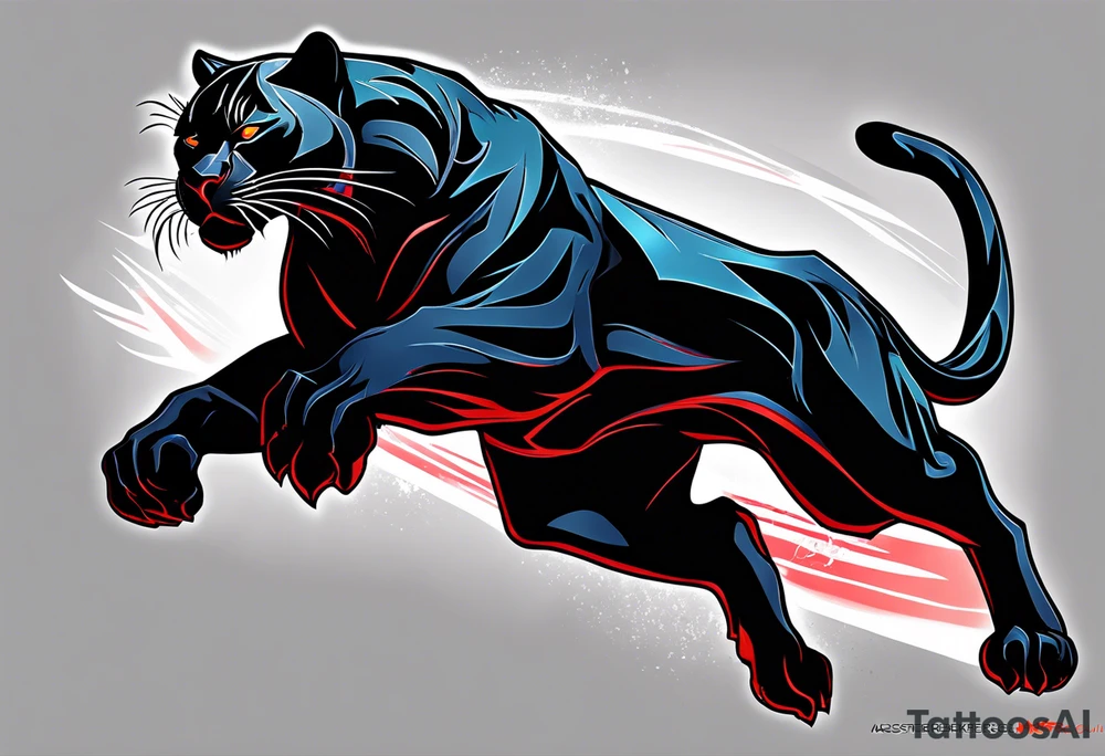 unique black panther tattoo, dynamic pose, showcasing its strength and grace, striking red eyes, intense and captivating elements, artistic flair, blending realism with abstract elements tattoo idea