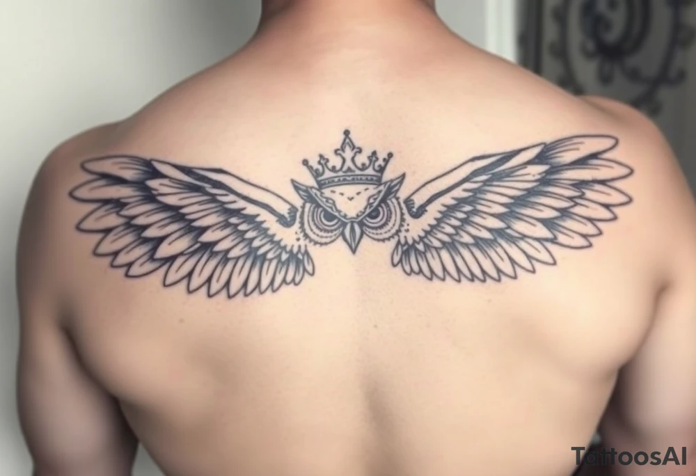 Owl with a king crown with wings spread tattoo idea