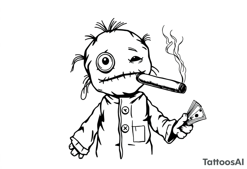 Stitched up rag doll with a button as one eye and some thread as the other. Holding some money in one hand and a cigar in the other hand. Smoke pouring off the cigar with the cloud of smoke above spelling out the word DOPE tattoo idea