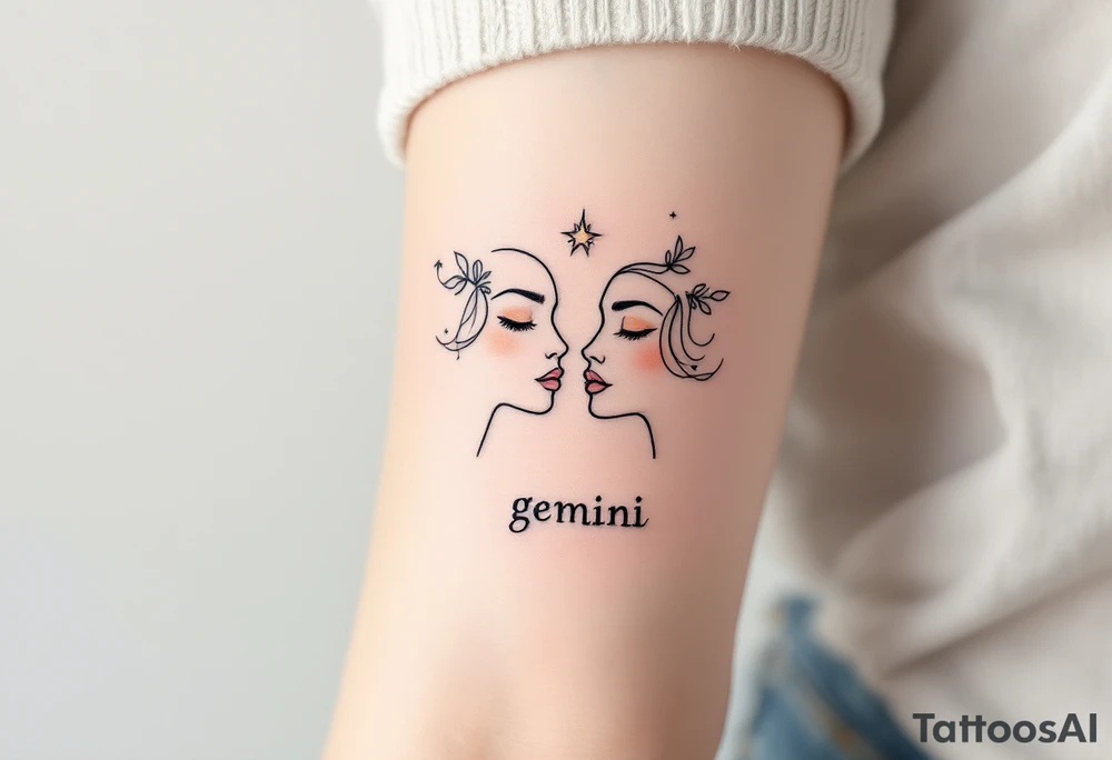 A continuous line drawing of twin faces, flowing together in a smooth and modern design with subtle pastel highlights with word "gemini" tattoo idea