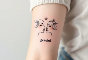 A continuous line drawing of twin faces, flowing together in a smooth and modern design with subtle pastel highlights with word "gemini" tattoo idea