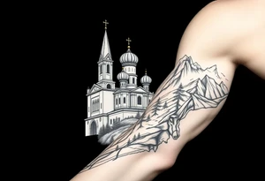 russian orthodox christian left arm tattoo with st basils cathederal in a mountainous setting tattoo idea