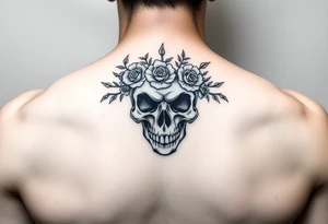 ornate skull adorned with crown of wild roses and thorns tattoo idea