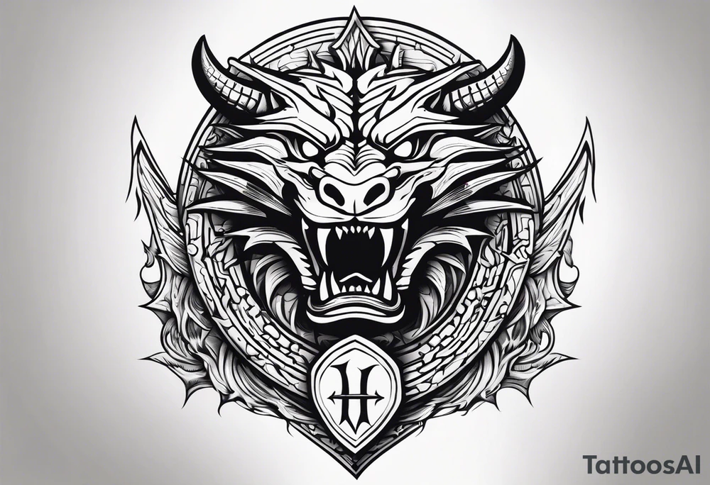 Valhalla sword shield dragon head muscle tattoo idea